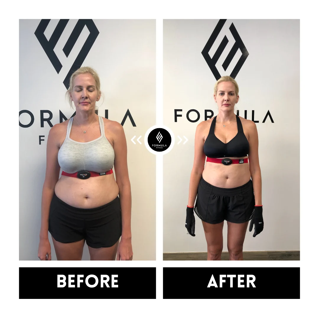 Side-by-side comparison of one Formula Fitness client, front view, labeled BEFORE on the left and AFTER on the right.