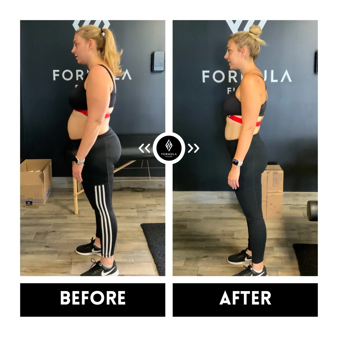 Side-by-side comparison of a third Formula Fitness client, side view, labeled BEFORE on the left and AFTER on the right.